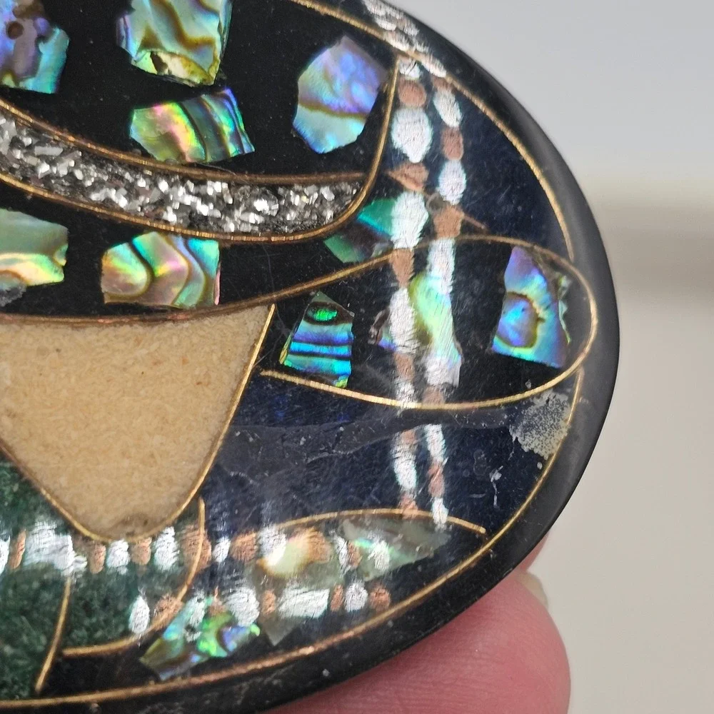 Vintage Abalone Shell Inlay Brooch Pin Set Lady in Hat Silhouette Mosaic Art